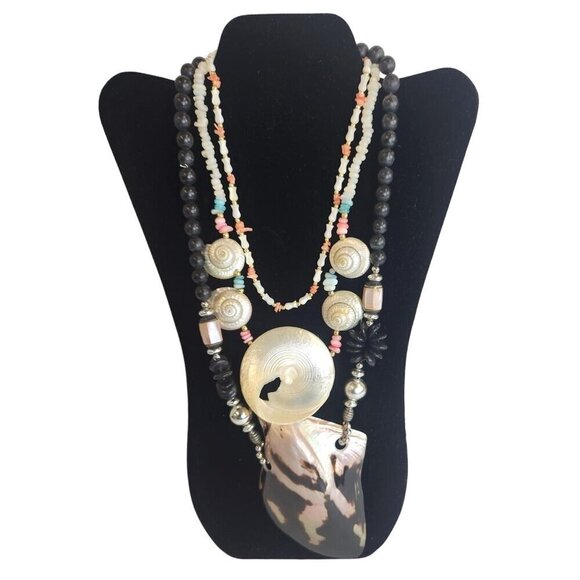 Seashell  Beach Tropical Necklace set of 3  With Black, White & Mother Of Pearl, - Picture 1 of 16